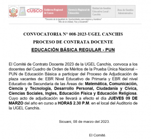 Read more about the article <strong>CONVOCATORIA N° 008-2023-UGEL CANCHIS</strong>