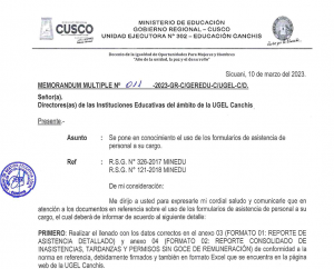 Read more about the article SE PONE EN CONOCIMIENTO EL USO DE LOS FORMULARIOS DE ASISTENCIA DE PERSONAL A SU CARGO.