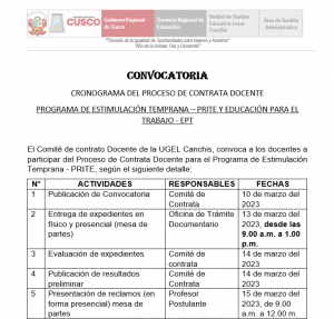 Read more about the article CONVOCATORIA –  PROCESO DE CONTRATA DOCENTE