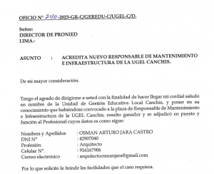 Read more about the article ACREDITA NUEVO RESPONSABLE DE MANTENIMIENTO<br>E INFRAESTRUCTURA DE LA UGEL CANCHIS.