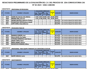 Read more about the article RESULTADOS PRELIMINARES DE LA EVALUACIÓN DEL C.V. DEL PROCESO DE 2DA CONVOCATORIA CAS N° 02-2023 – UGEL CANCHIS