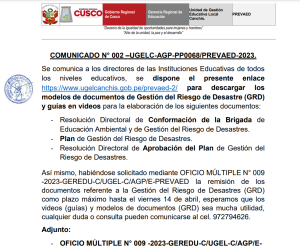 Read more about the article COMUNICADO N° 002 –UGELC-AGP-PP0068/PREVAED-2023.