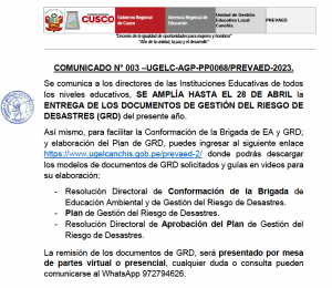 Read more about the article COMUNICADO N° 003 –UGELC-AGP-PP0068/PREVAED-2023.