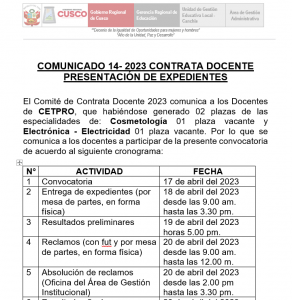 Read more about the article COMUNICADO 14- 2023 CONTRATA DOCENTE