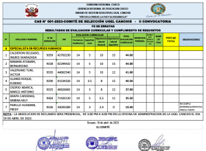 Read more about the article FE DE ERRATASRESULTADOS DE EVALUACION CURRICULAR Y CUMPLIMIENTO DE REQUISITOS CAS N° 001-2023-COMITÉ DE SELECCIÓN UGEL CANCHIS – II CONVOCATORIA