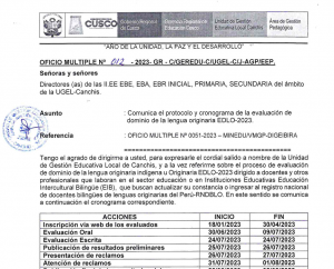 Read more about the article Comunica el protocolo y cronograma de la evaluación de dominio de la lengua originaria EDLO-2023.