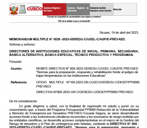 Read more about the article REMITE DIRECTIVA N° 004-2023-GEREDU-C/UGEL-C/AGP/E-PREVAED “Normas para la preparación, respuesta y rehabilitación frente al peligro de bajas temperaturas en las Instituciones Educativas”