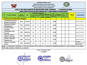 Read more about the article CAS N° 001-2023-COMITÉ DE SELECCIÓN UGEL CANCHIS – II CONVOCATORIA RESULTADOS DE EVALUACION CURRICULAR Y CUMPLIMIENTO DE REQUISITOS