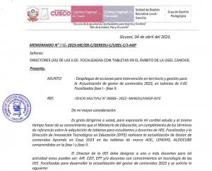 Read more about the article Despliegue de acciones para intervención en territorio y gestión para la Actualización de gestor de contenidos 2023, en tabletas de II.EE Focalizados fase I -fase II.