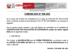 Read more about the article COMUNICADO N° 006-2023