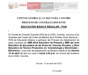 Read more about the article CONVOCATORIA N° 13-2023-UGEL CANCHIS