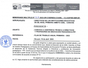 Read more about the article CONVOCA A ASISTENCIA TÉCNICA A DIRECTIVOSY PROFESORES DE INNOVACIÓN PEDAGÓGICA-PIP.