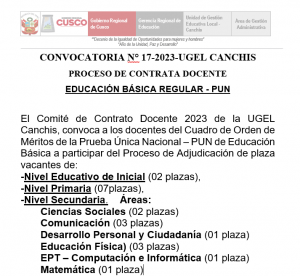 Read more about the article CONVOCATORIA N° 17-2023-UGEL CANCHISPROCESO DE CONTRATA DOCENTEEDUCACIÓN BÁSICA REGULAR – PUN