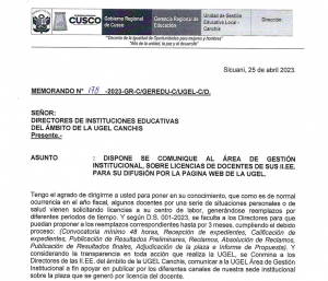 Read more about the article DISPONE SE COMUNIQUE AL ÁREA DE GESTIÓNINSTITUCIONAL, SOBRE LICENCIAS DE DOCENTES DE SUS II.EE.PARA SU DIFUSIÓN POR LA PAGINA WEB DE LA UGEL.