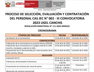 Read more about the article PROCESO DE SELECCIÓN, EVALUACIÓN Y CONTRATACIÓNDEL PERSONAL CAS JEC N° 002 – III CONVOCATORIA2023 UGEL CANCHISRESOLUCIÓN MINISTERIAL N° 111-2023-MINEDU