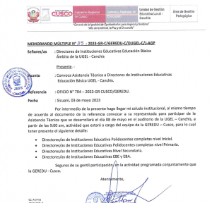 Read more about the article Convoca Asistencia Técnica a Directores de Instituciones Educativas Educación Básica UGEL – Canchis.