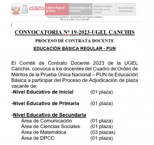 Read more about the article CONVOCATORIA N° 19-2023-UGEL CANCHISPROCESO DE CONTRATA DOCENTEEDUCACIÓN BÁSICA REGULAR – PUN