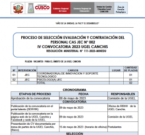 Read more about the article PROCESO DE SELECCIÓN EVALUACIÓN Y CONTRATACIÓN DELPERSONAL CAS JEC N° 002IV CONVOCATORIA 2023 UGEL CANCHISRESOLUCIÓN MINISTERIAL N° 111-2023-MINEDU