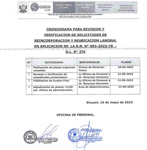 Read more about the article CRONOGRAMA PARA REVISION YVERIFICACION DE SOLICITUDES DEREINCORPORACION Y REUBICACION LABORALEN APLICACION DE LA R,M. N° 093-2023-TR -D.L. N° 276