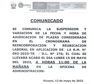 Read more about the article COMUNICADO – REINCORPORACION Y REUBICACION LABORAL EN APLICACION DE LA R.M. N° 093-2023-TR – D.L. N° 276