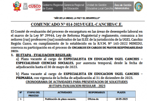 Read more about the article COMUNICADO N° 014-2023/UGEL-CANCHIS/C.E.