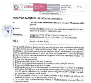 Read more about the article Reitera supervisión al cumplimiento de las disposiciones establecidas en la Ley N° 26549, Ley de los Centros Educativos Privados