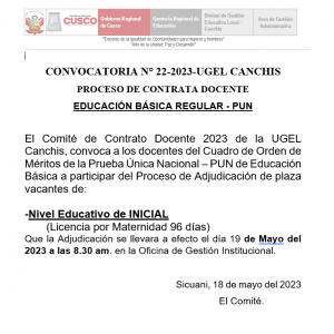 Read more about the article CONVOCATORIA N° 22-2023-UGEL CANCHISPROCESO DE CONTRATA DOCENTEEDUCACIÓN BÁSICA REGULAR – PUN