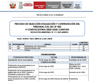 Read more about the article PROCESO DE SELECCIÓN EVALUACIÓN Y CONTRATACIÓN DELPERSONAL CAS JEC N° 002V CONVOCATORIA 2023 UGEL CANCHISRESOLUCIÓN MINISTERIAL N° 111-2023-MINEDU