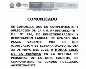 Read more about the article COMUNICADO – R.M. N° 093-2023-TR -D.L. N° 276; DE REINCORPORACION YREUBICACION LABORAL