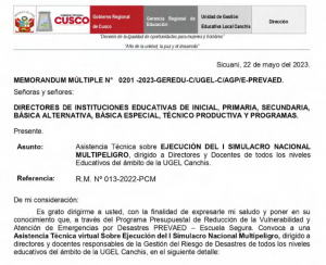 Read more about the article Asistencia Técnica sobre EJECUCIÓN DEL I SIMULACRO NACIONALMULTIPELIGRO, dirigido a Directores y Docentes de todos los niveles Educativos del ámbito de la UGEL Canchis.