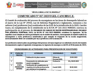 Read more about the article COMUNICADO N° 017-2023/UGEL-CANCHIS/C.E. ENCARGOS EN CARGOS DE MAYOR RESPÓNSABILIDAD, ENCARGO POR AUSENCIA TEMPORAL 2023, LA R.V.M. N° 165-2022-MINEDU