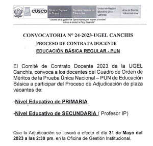 Read more about the article CONVOCATORIA N° 24-2023-UGEL CANCHISPROCESO DE CONTRATA DOCENTE