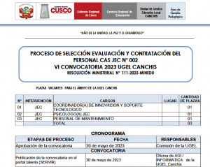 Read more about the article PROCESO DE SELECCIÓN EVALUACIÓN Y CONTRATACIÓN DELPERSONAL CAS JEC N° 002VI CONVOCATORIA 2023 UGEL CANCHISRESOLUCIÓN MINISTERIAL N° 111-2023-MINEDU