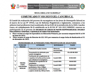 Read more about the article COMUNICADO N° 018-2023/UGEL-CANCHIS/C.E.