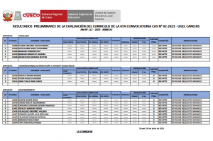 Read more about the article RESULTADOS PRELIMINARES DE LA EVALUACIÓN DEL CURRICULO DE LA 6TA CONVOCATORIA CAS N° 02-2023 – UGEL CANCHIS