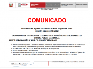 Read more about the article COMUNICADO – Evaluación de Ingreso a la Carrera Pública Magisterial 2022. (RVM N° 081-2022 MINEDU)COMUNICADO –