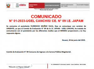 Read more about the article COMUNICADON° 01-2023-UGEL CANCHIS/ CE. N° 09 I.E. JAPAM