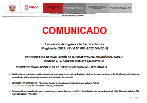 Read more about the article COMUNICADO – CRONOGRAMA DE EVALUACIÓN DE LA COMPETENCIA PEDAGÓGICA PARA ELINGRESO A LA CARRERA PÚBLICA MAGISTERIAL.COMITÉ DE EVALUACIÓN N° 02 I.E. “JERONIMO ZAVALA”– SECUNDARIA.