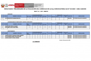 Read more about the article RESULTADOS PRELIMINARES DE LA EVALUACIÓN DEL CURRICULO DE LA 8va CONVOCATORIA CAS N° 02-2023 – UGEL CANCHIS