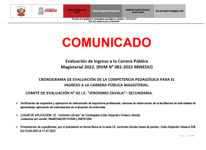 Read more about the article COMUNICADO – CRONOGRAMA DE EVALUACIÓN DE LA COMPETENCIA PEDAGÓGICA PARA ELINGRESO A LA CARRERA PÚBLICA MAGISTERIAL.COMITÉ DE EVALUACIÓN N° 02 I.E. “JERONIMO ZAVALA”– SECUNDARIA.