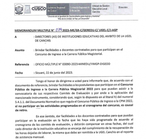 Read more about the article Brindar facilidades a docentes contratados para que participen en el Concurso de Ingreso a la Carrera Pública Magisterial.