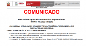 Read more about the article COMUNICADO – CRONOGRAMA DE EVALUACIÓN DE LA COMPETENCIA PEDAGÓGICA PARA EL INGRESO A LACARRERA PÚBLICA MAGISTERIAL.