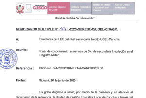 Read more about the article Poner de conocimiento a alumnos de 5to. de secundaria Inscripción en el Registro Militar.