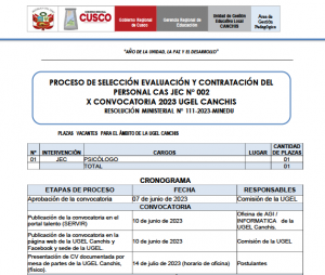 Read more about the article PROCESO DE SELECCIÓN EVALUACIÓN Y CONTRATACIÓN DEL PERSONAL CAS JEC N° 002 X CONVOCATORIA 2023 UGEL CANCHIS RESOLUCIÓN MINISTERIAL N° 111-2023-MINEDU