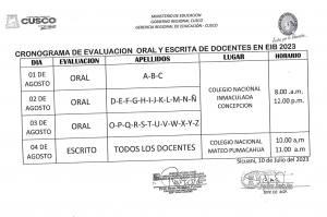 Read more about the article CRONOGRAMA DE EVALUACION ORAL Y ESCRITA DE DOCENTES EN EIB 2023