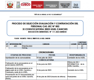 Read more about the article PROCESO DE SELECCIÓN EVALUACIÓN Y CONTRATACIÓN DEL PERSONAL CAS JEC N° 002 XI CONVOCATORIA 2023 UGEL CANCHIS RESOLUCIÓN MINISTERIAL N° 111-2023-MINEDU