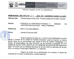 Read more about the article CONVOCA A II ASISTENCIA TÉCNICA “ II SEMANA DE GESTIÓN ESCOLAR 2023” – NIVEL PRIMARIA.