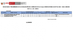 Read more about the article RESULTADOS PRELIMINARES DE LA EVALUACIÓN DEL CURRICULO DE LA 11ava CONVOCATORIA CAS N° 02-2023 – UGEL CANCHIS