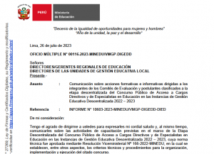 Read more about the article Comunicación sobre acciones formativas e informativas dirigidas a los integrantes de los Comités de Evaluación y postulantes clasificados a la etapa descentralizada del Concurso Público de Acceso a Cargos Directivos y de Especialistas en Educación en las Instancias de Gestión Educativa Descentralizada 2022 – 2023