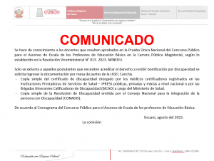 Read more about the article COMUNICADO – ASCENSO DE ESCALA DE LOS PROFESORES DE EDUCACIÓN BÁSICA EN LA CARRERA PÚBLICA MAGISTERIAL